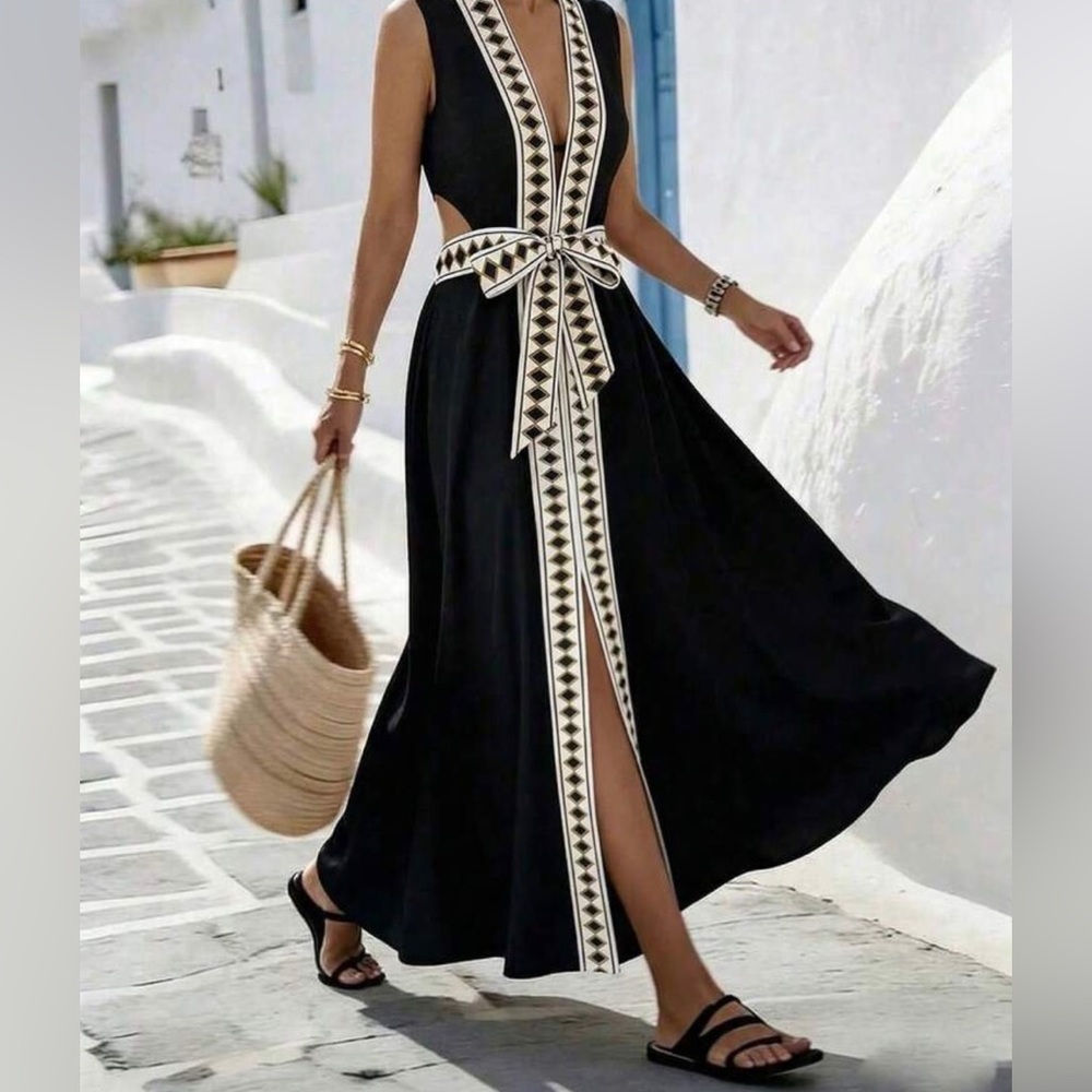 Black Maxi Dress with Ivory Geometric Trim and Front Slit